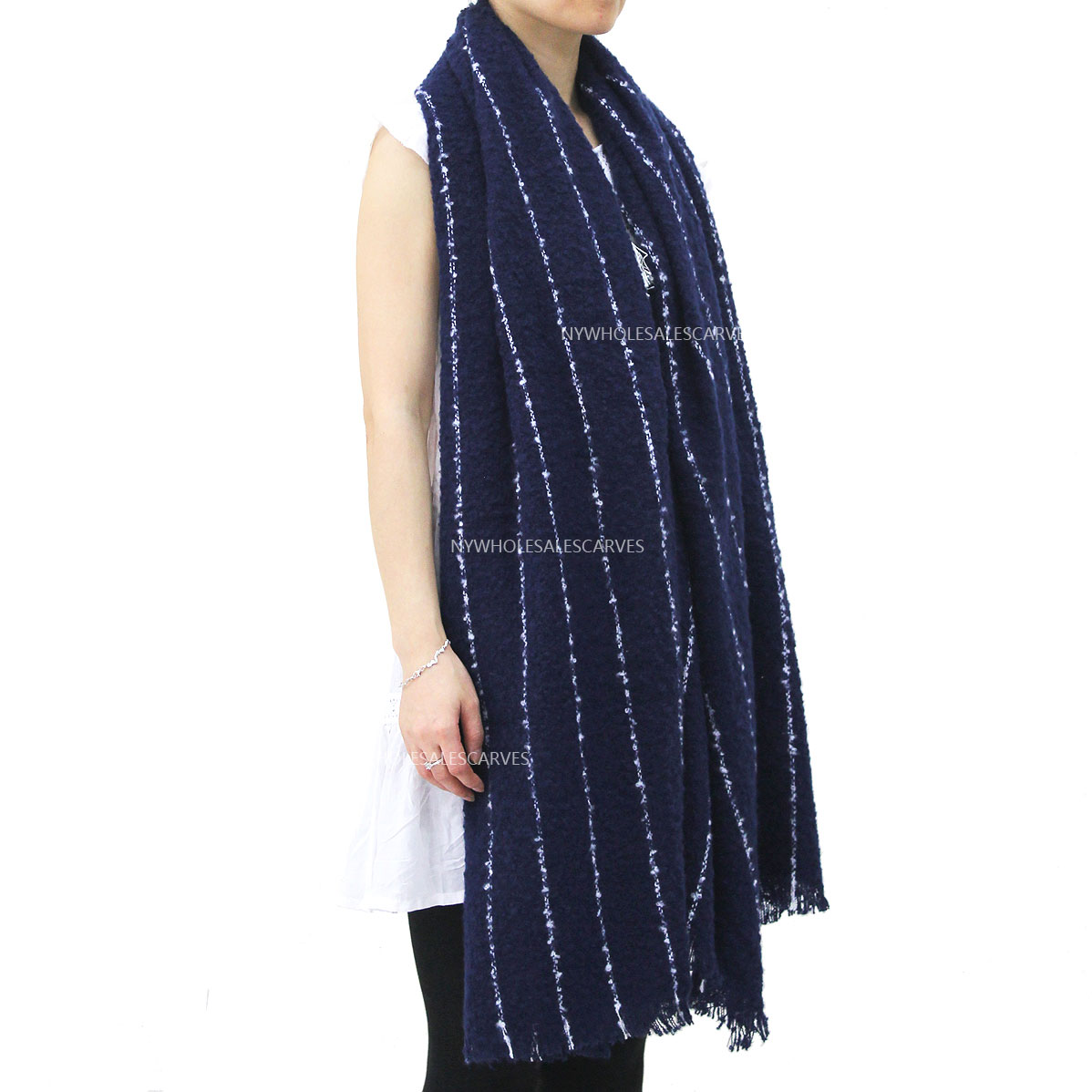 22105Luxe Soft Prolong Oversize Stripe Winter Scarf Blue