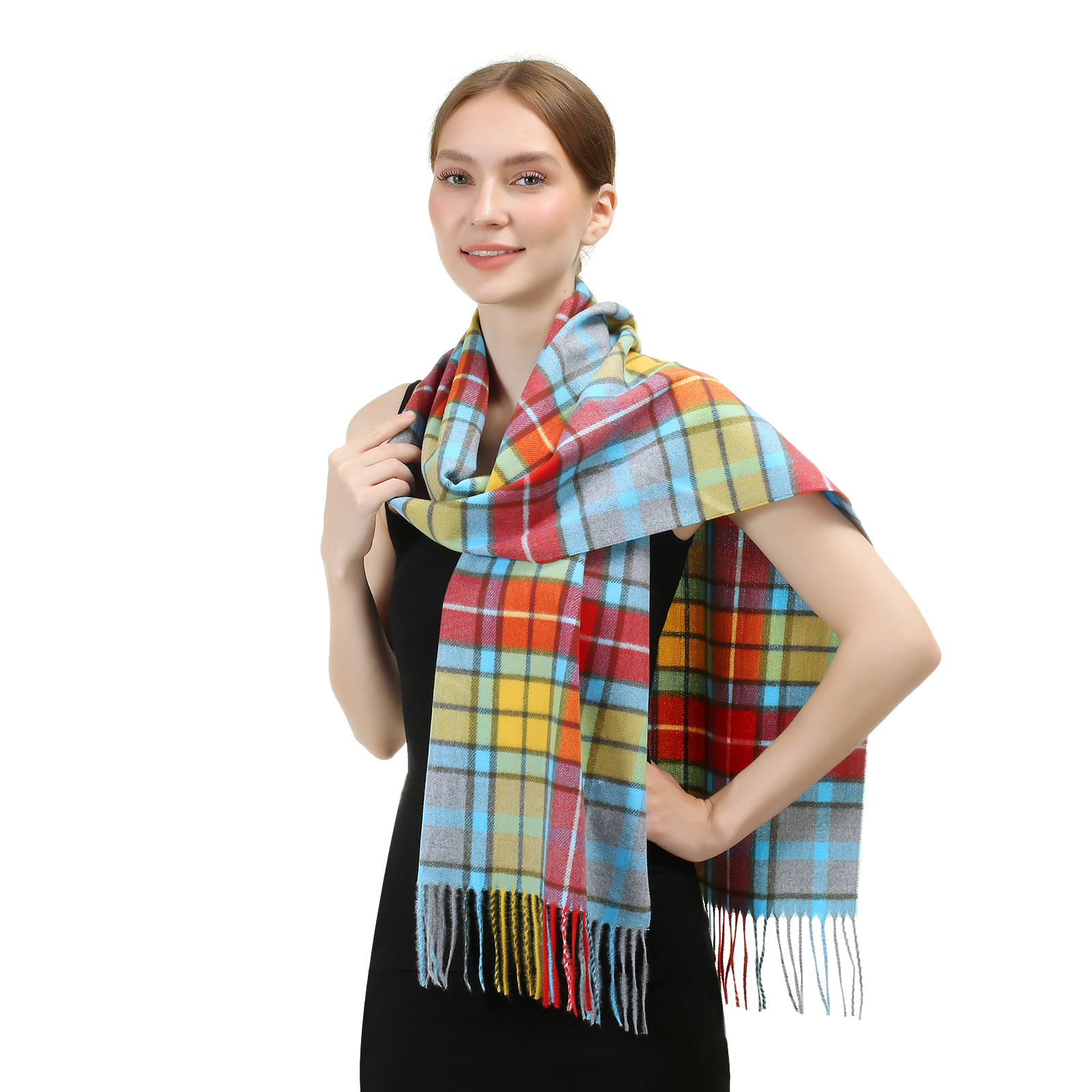 Cashmere Feel Checker Scarf SW-54 Blue/Red/Yellow