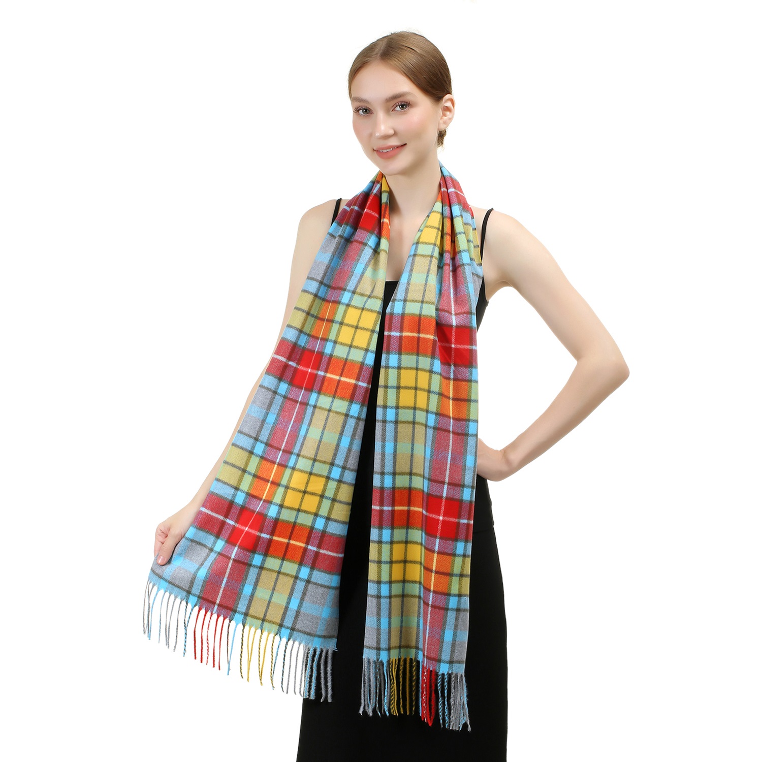 Cashmere Feel Checker Scarf SW-54 Blue/Red/Yellow
