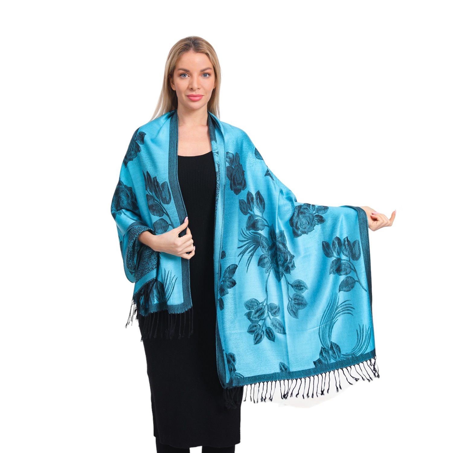 Two Tone Rose Pashmina 5405 Turquoise/Black