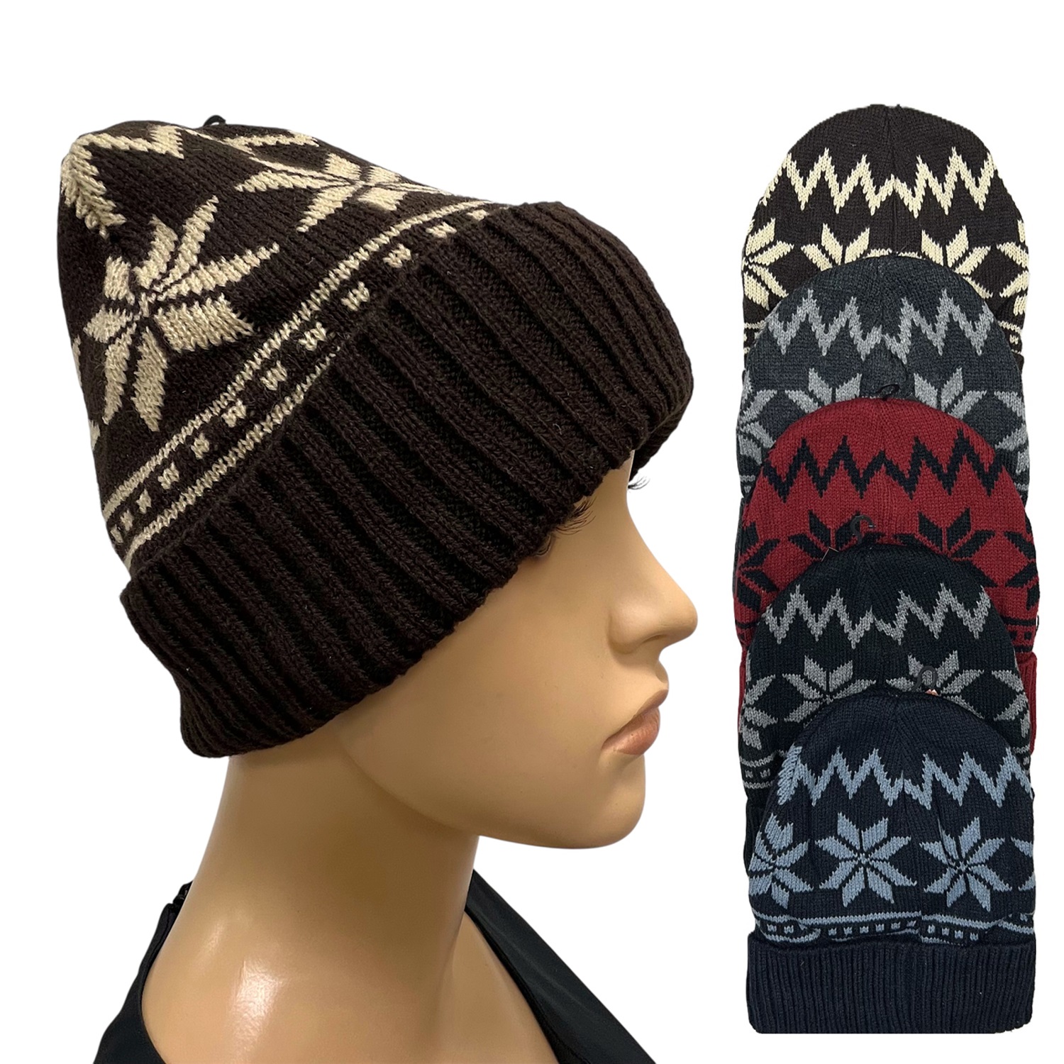 Snowflake Pattern Beanie With Fleece 1739 (5 COLORS 1 DZ)  Snowflake Pattern Beanie With Fleece 1739 (5 COLORS 1 DZ)