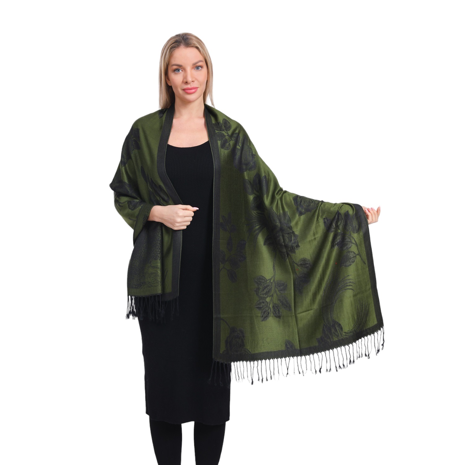 Two Tone Rose Pashmina 5407 Olive Green/Black